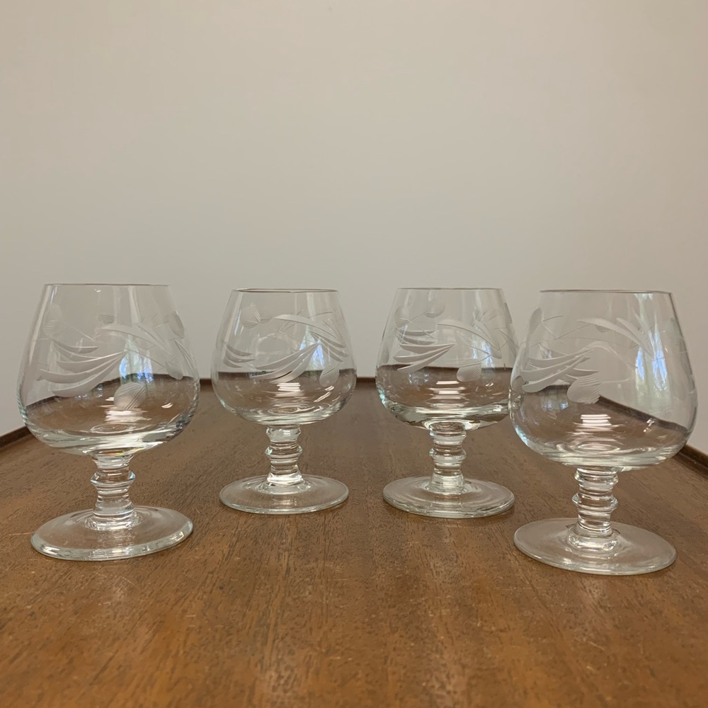 Vintage Etched Brandy Glasses Set of 4 Snifters Floral Pattern Barware